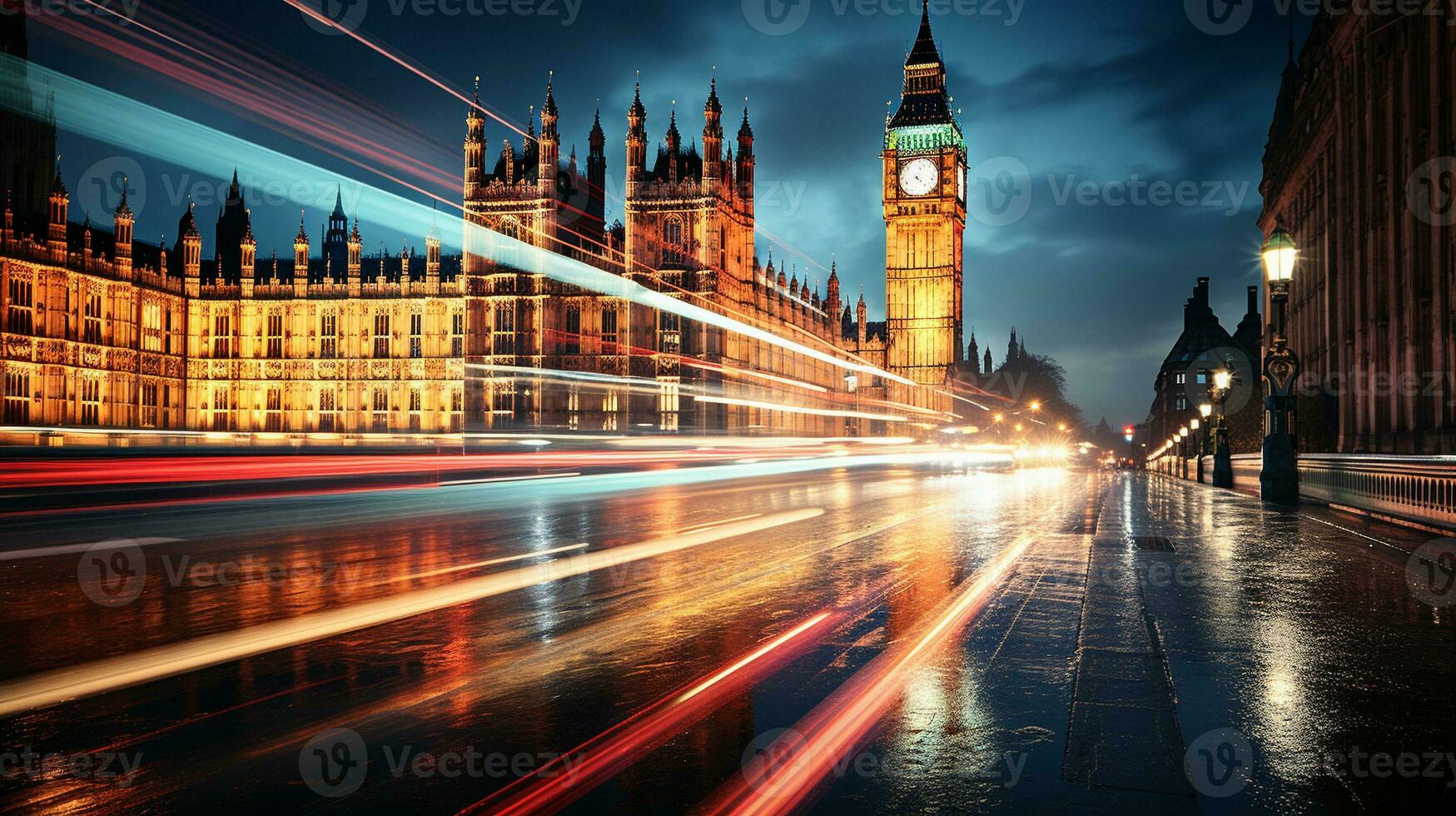 Urban Symphony Mesmerizing Light Trails at Night, Generative AI photo