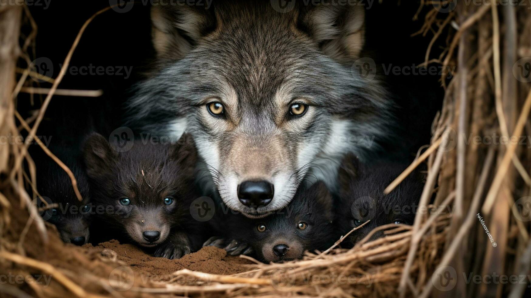 A Heartwarming Scene of Wolf Pup Nurturing in the Den, AI Generative photo