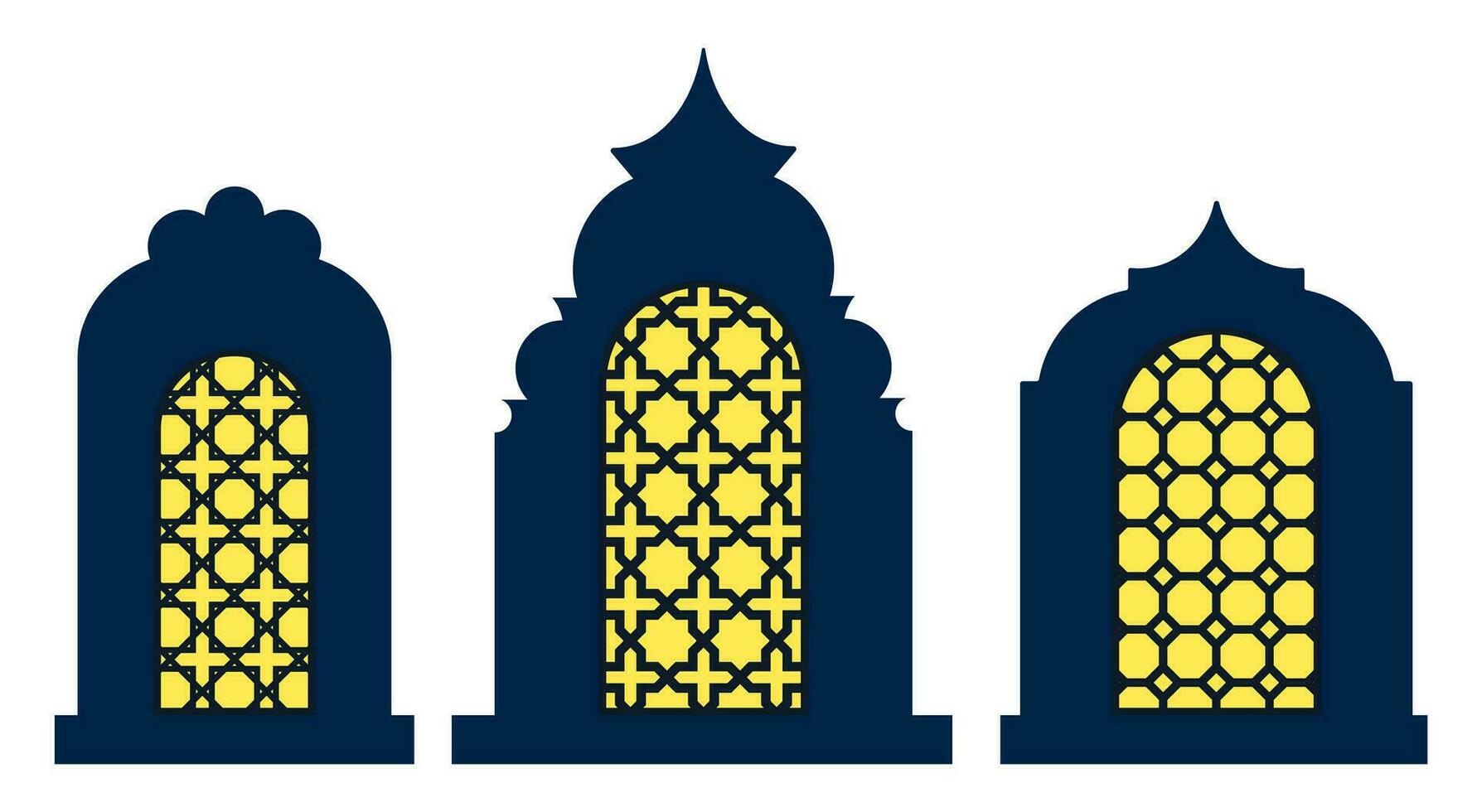 Collection of arabian oriental windows, arches and doors. Laser cut grill. Modern design in black fo frames Mosque dome and lanterns Islamic ramadan kareem and eid mubarak style. Vector illustration