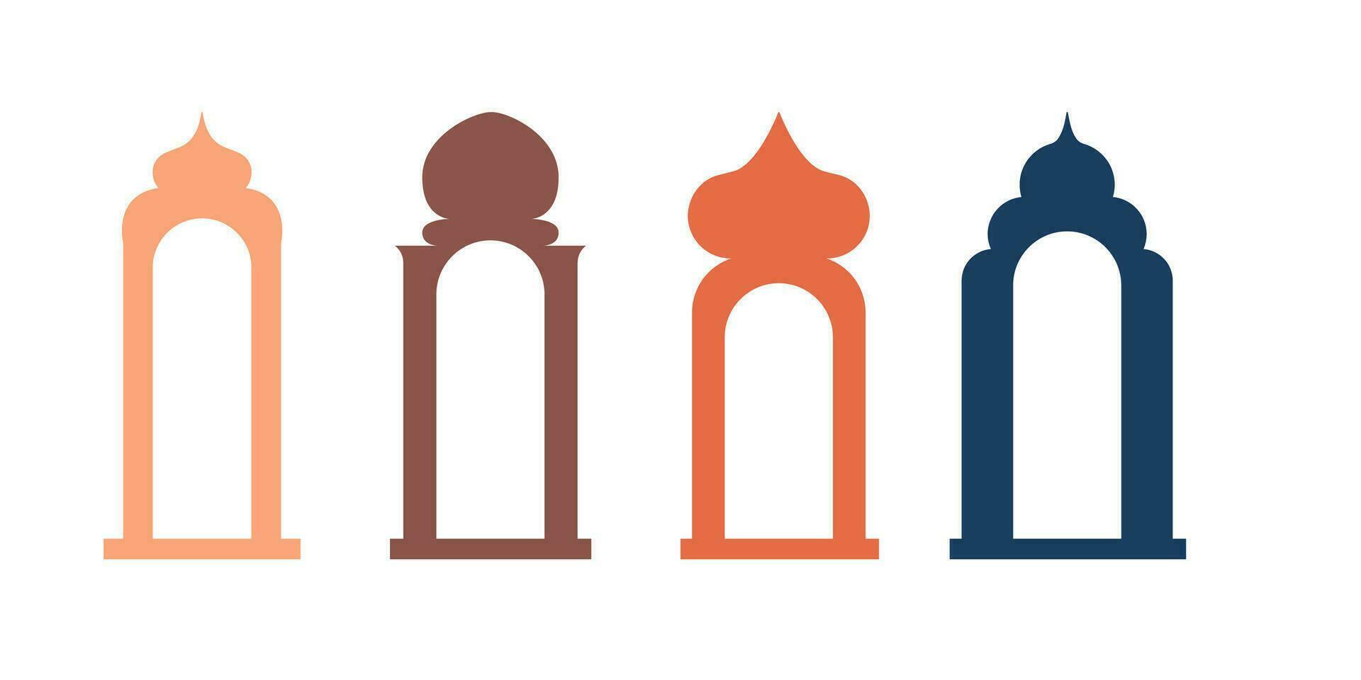 colección de árabe oriental ventanas, arcos, espejo, puerta moderno diseño para marcos, patrones, antecedentes. mezquita Hazme y linternas islámico Ramadán kareem y eid Mubarak estilo. vector ilustración