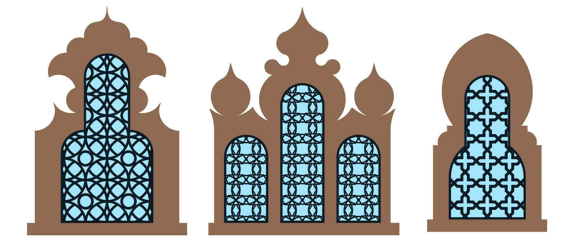 Collection of arabian oriental windows, arches and doors. Laser cut grill. Modern design in black fo frames Mosque dome and lanterns Islamic ramadan kareem and eid mubarak style. Vector illustration