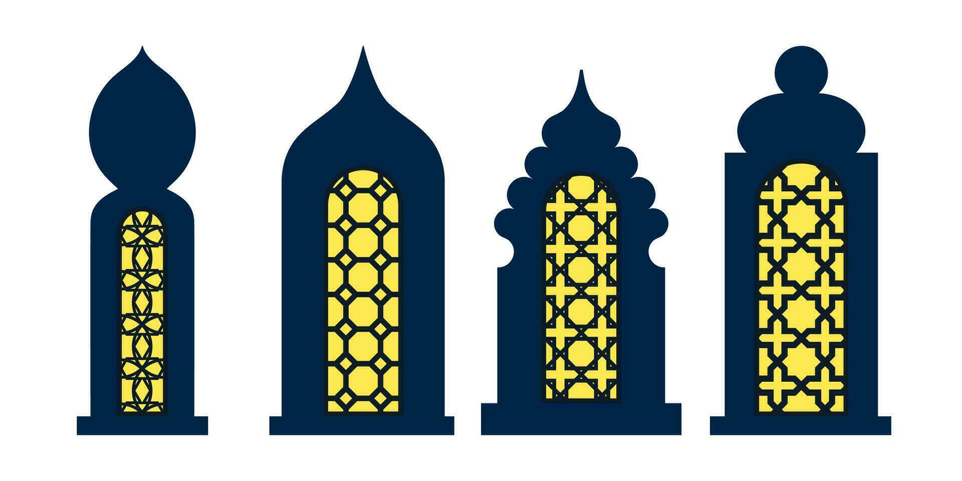 colección de árabe oriental ventanas, arcos y puertas láser cortar parrilla. moderno diseño en negro fo marcos mezquita Hazme y linternas islámico Ramadán kareem y eid Mubarak estilo. vector ilustración