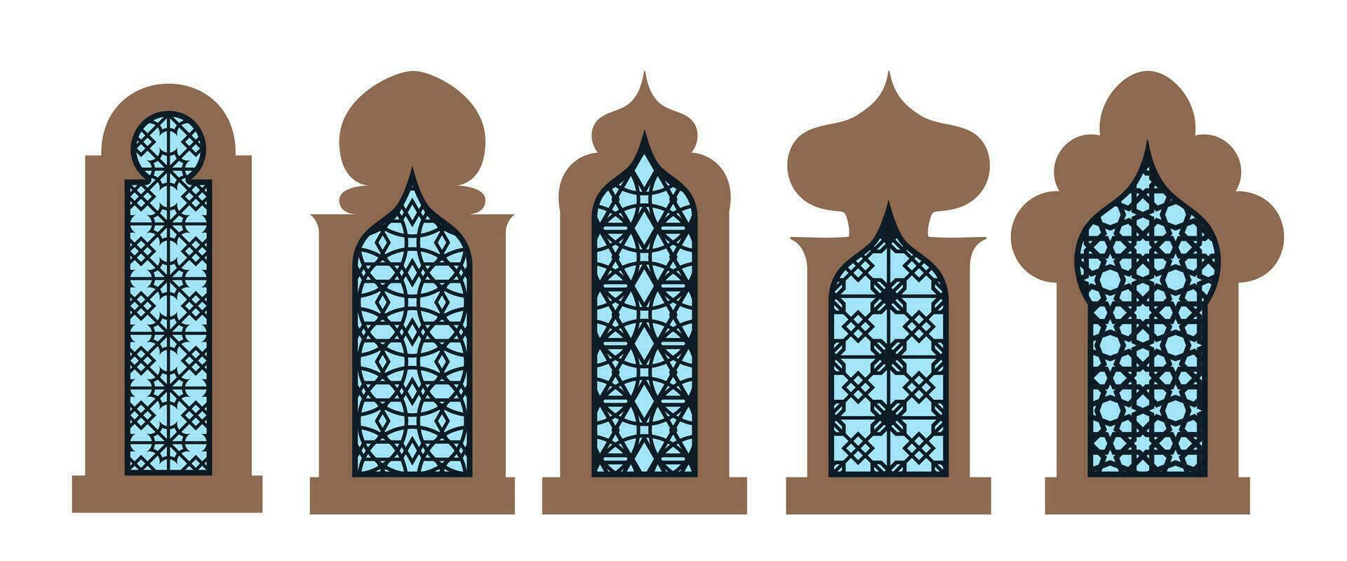 Collection of arabian oriental windows, arches and doors. Laser cut grill. Modern design in black fo frames Mosque dome and lanterns Islamic ramadan kareem and eid mubarak style. Vector illustration