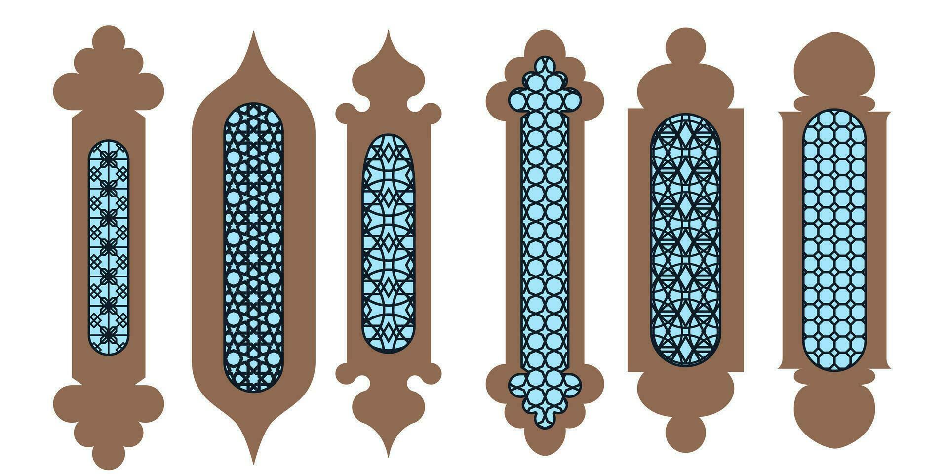 colección de árabe oriental ventanas láser cortar parrilla. moderno diseño en negro fo marcos mezquita Hazme y linternas islámico Ramadán kareem y eid Mubarak estilo. vector ilustración