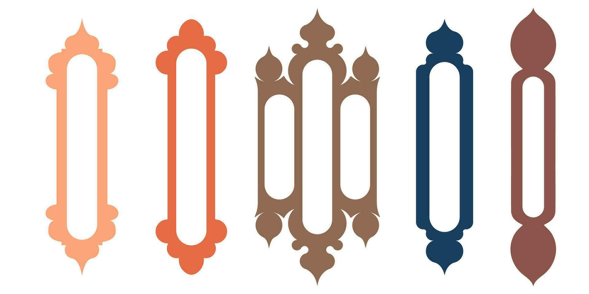 Collection of arabian oriental windows and mirrors. Modern design for frames, patterns, backgrounds. Mosque dome and lanterns Islamic ramadan kareem and eid mubarak style. Vector illustration