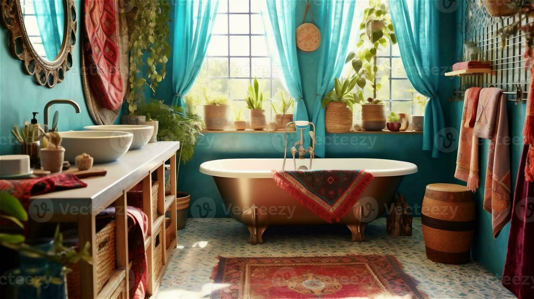 generativo ai, boho felicidad un vibrante y relajante baño diseño foto