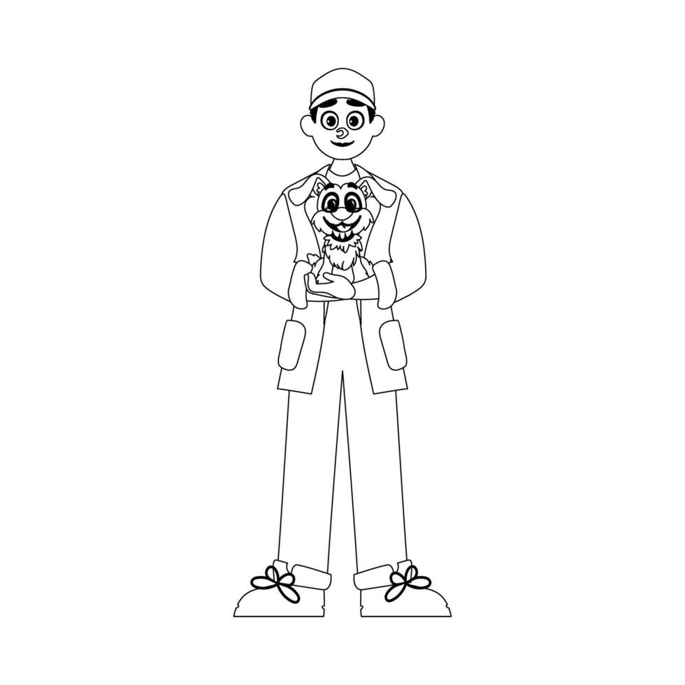 A happy man who really likes and takes care of animals, like a super cute dog Childrens coloring page vector
