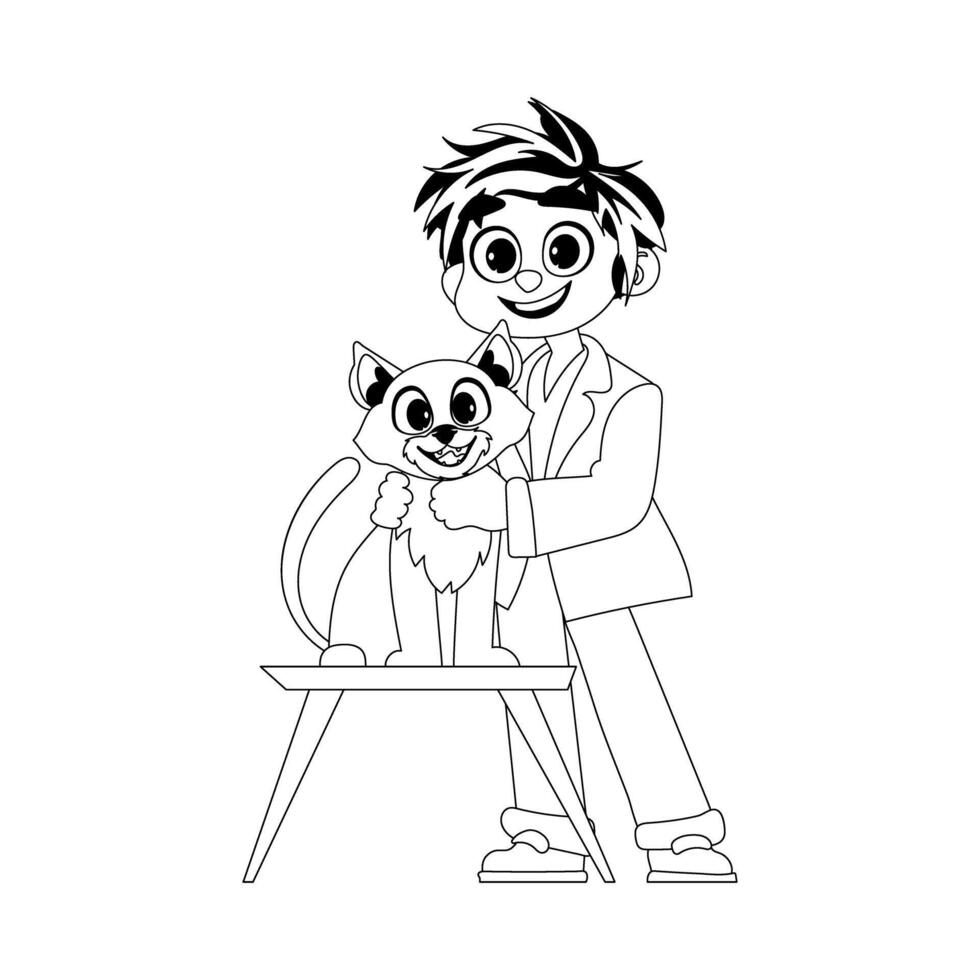 A boy with a cat coloring page vector