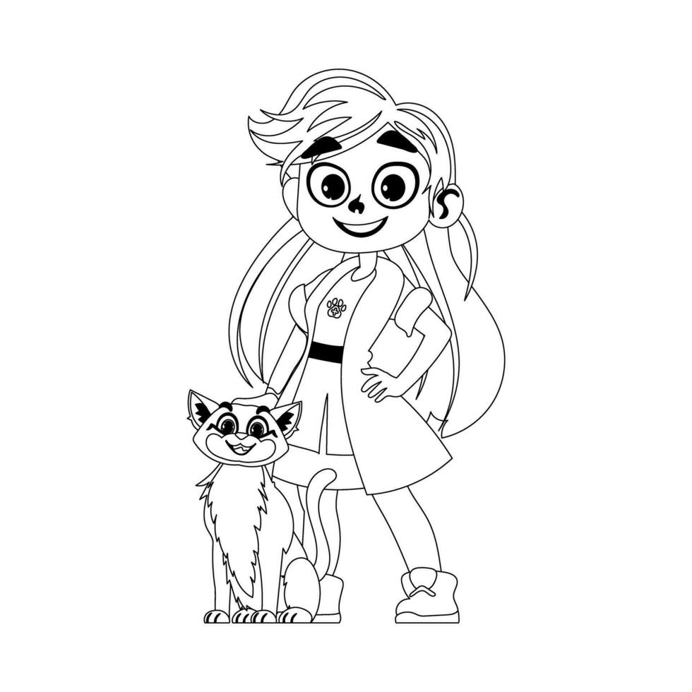 A woman who is a vet takes care of an adorable cat and feels really happy. Childrens coloring page. vector