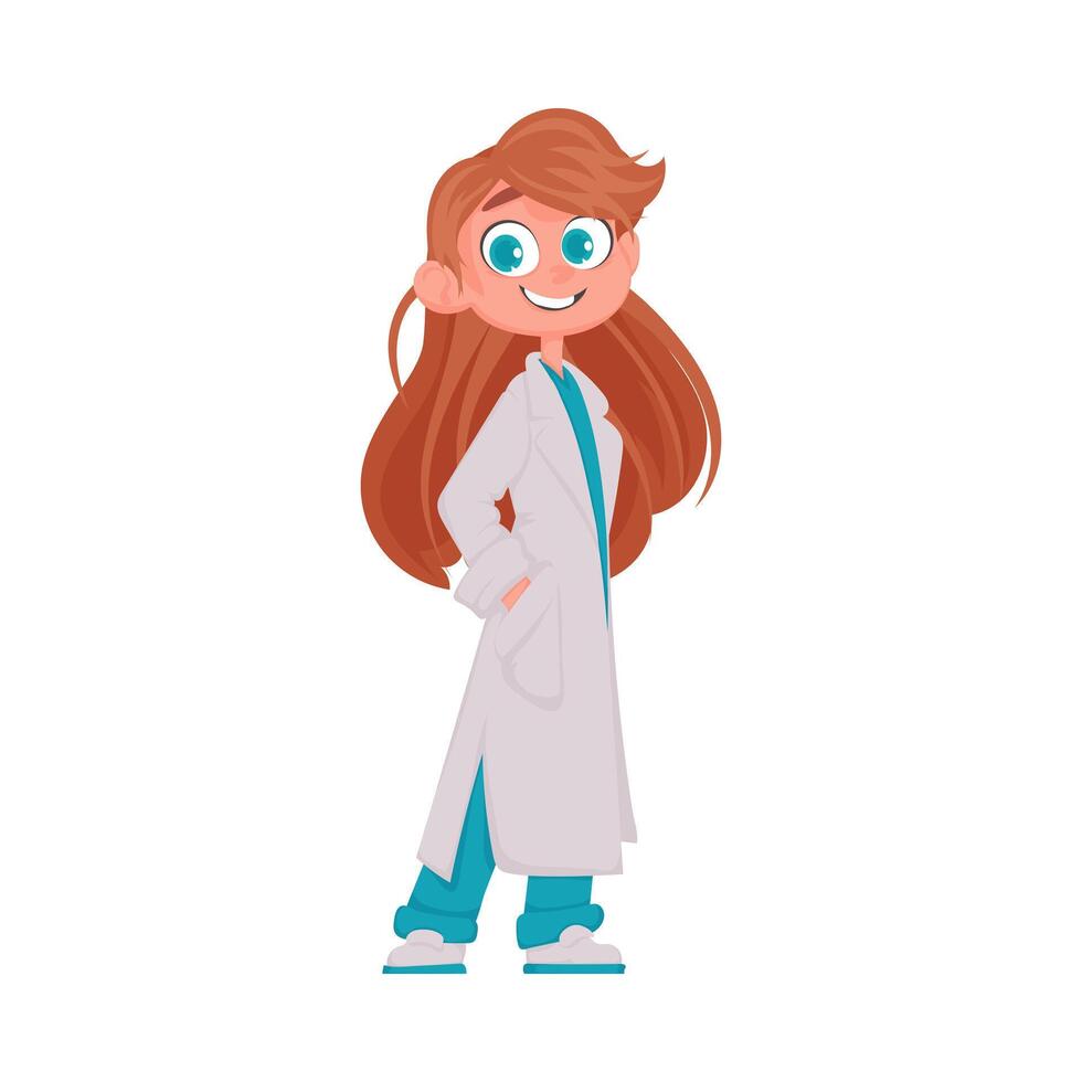 el médico quien es un mujer mira divertido y atractivo cuando ella pone en su especial atuendo vector ilustración