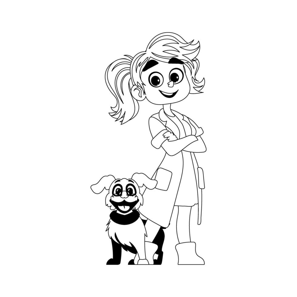 Happy female veterinarian and adorable dog. Childrens coloring page. vector