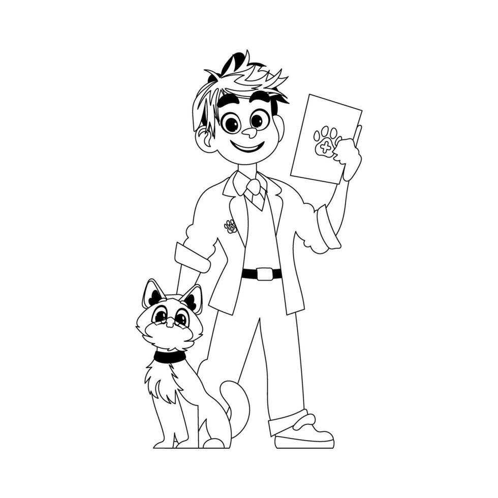 A cheerful man who enjoys and looks after animals, including a super cute cat. Childrens coloring page. vector