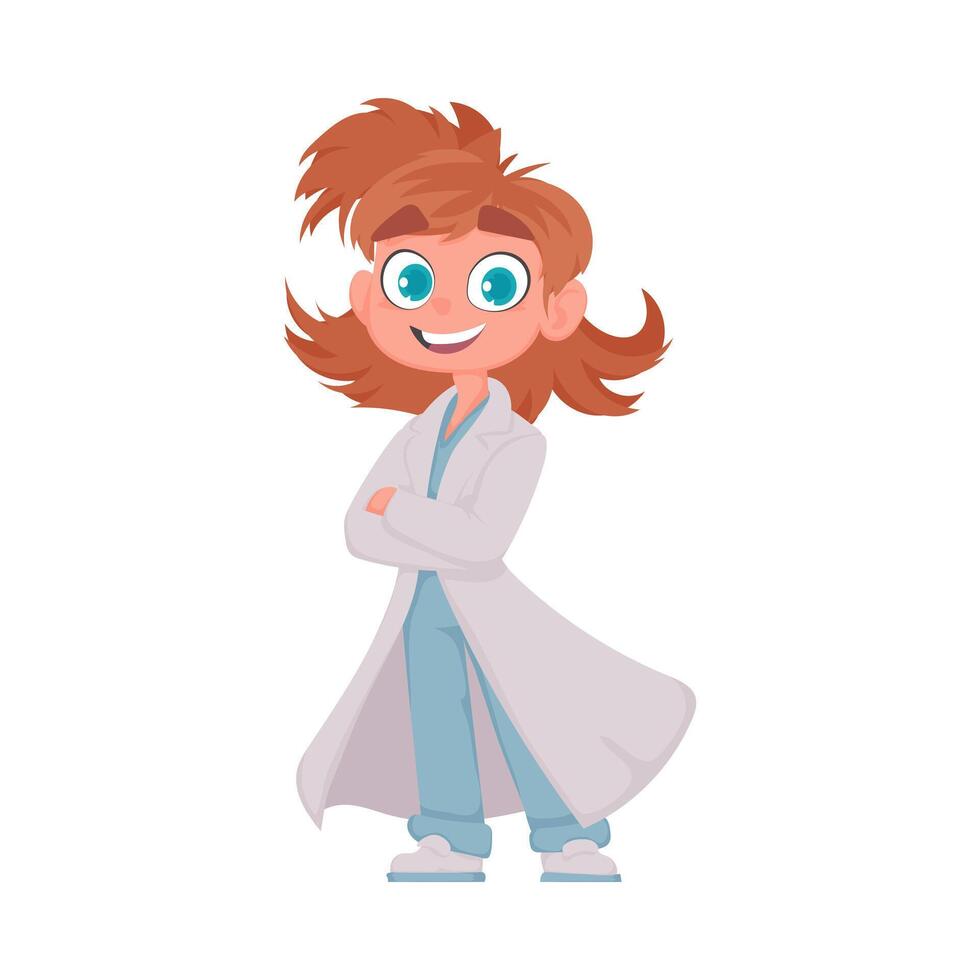 el dama médico mira divertido y atractivo cuando ella pone en su único atuendo vector ilustración