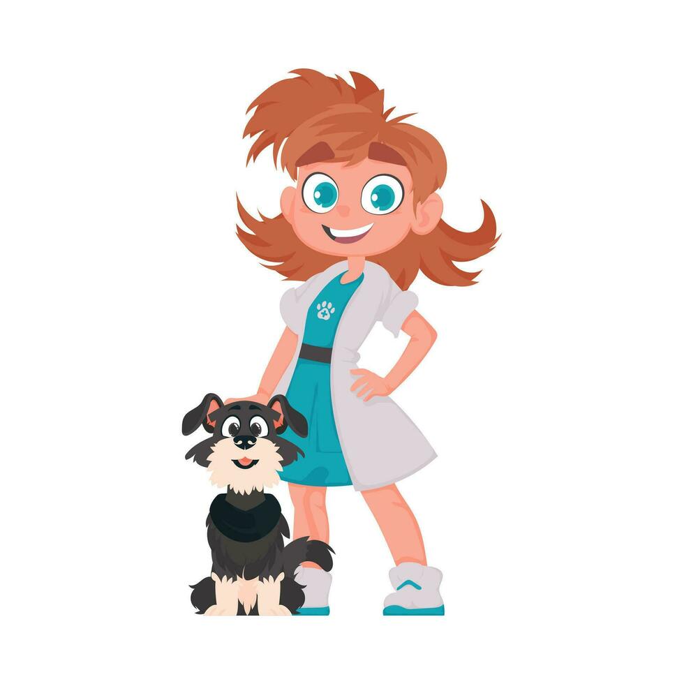 allí es un contento dama quien ayuda animales como un doctor, y ella además tiene un adorable perro vector ilustración