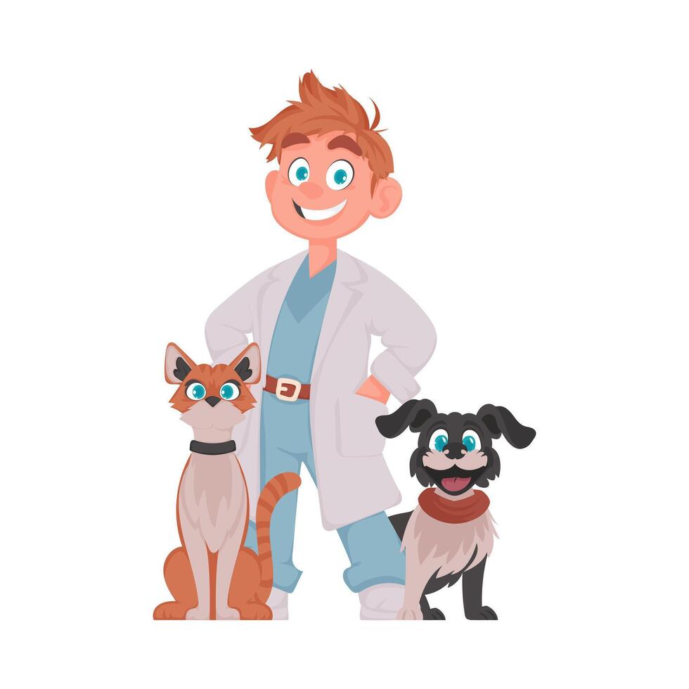 A person who takes care of animals and is cute and funny is surrounded by lots of animals Vector Illustration