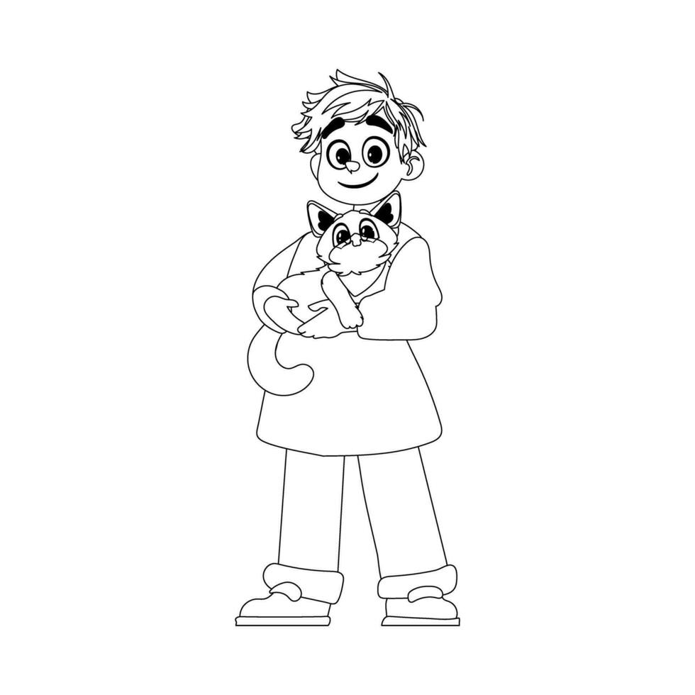 A joyful man who enjoys and looks after animals, like a very cute cat. Childrens coloring page. vector