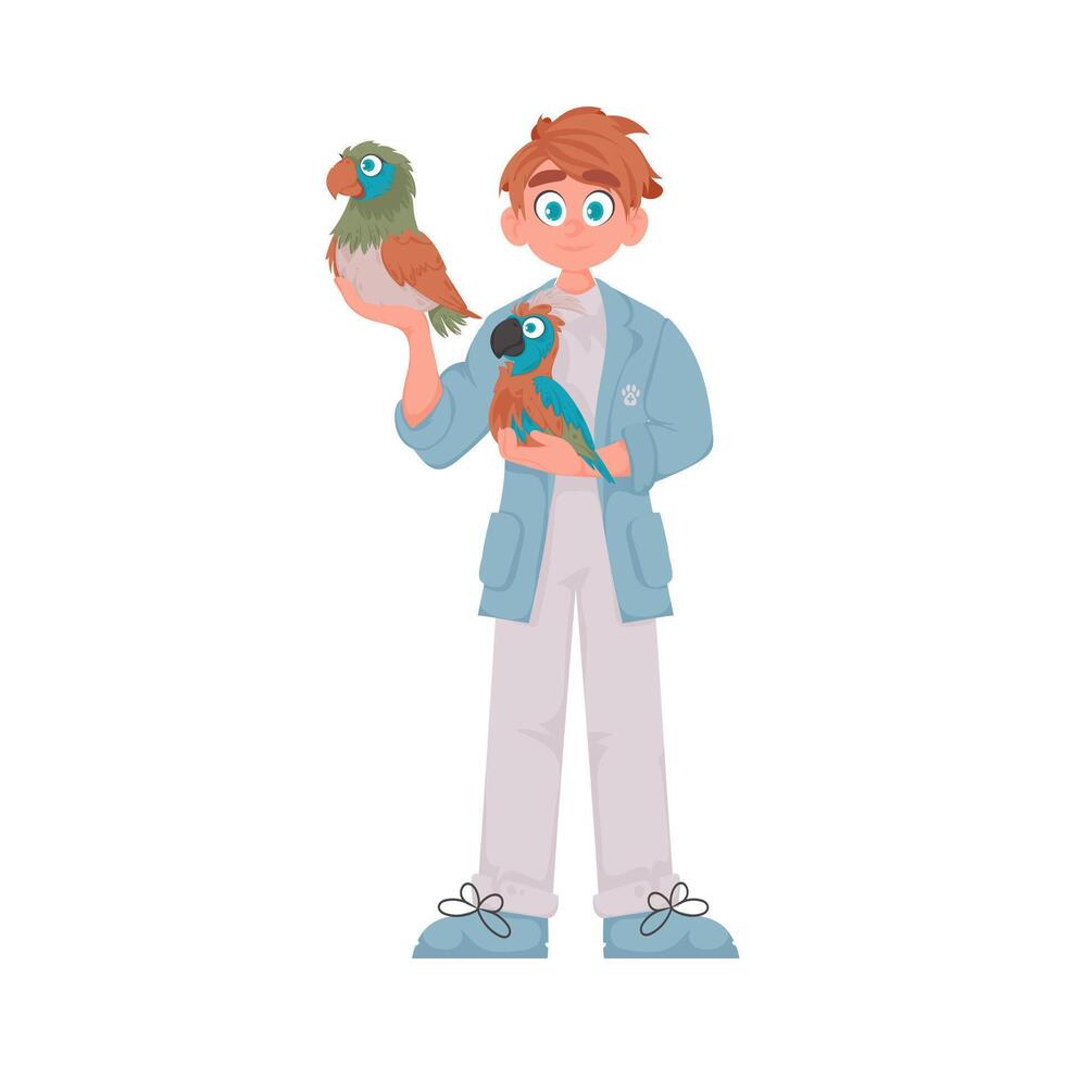A happy man takes care of animals, including a big and very smart bird Illustration vector