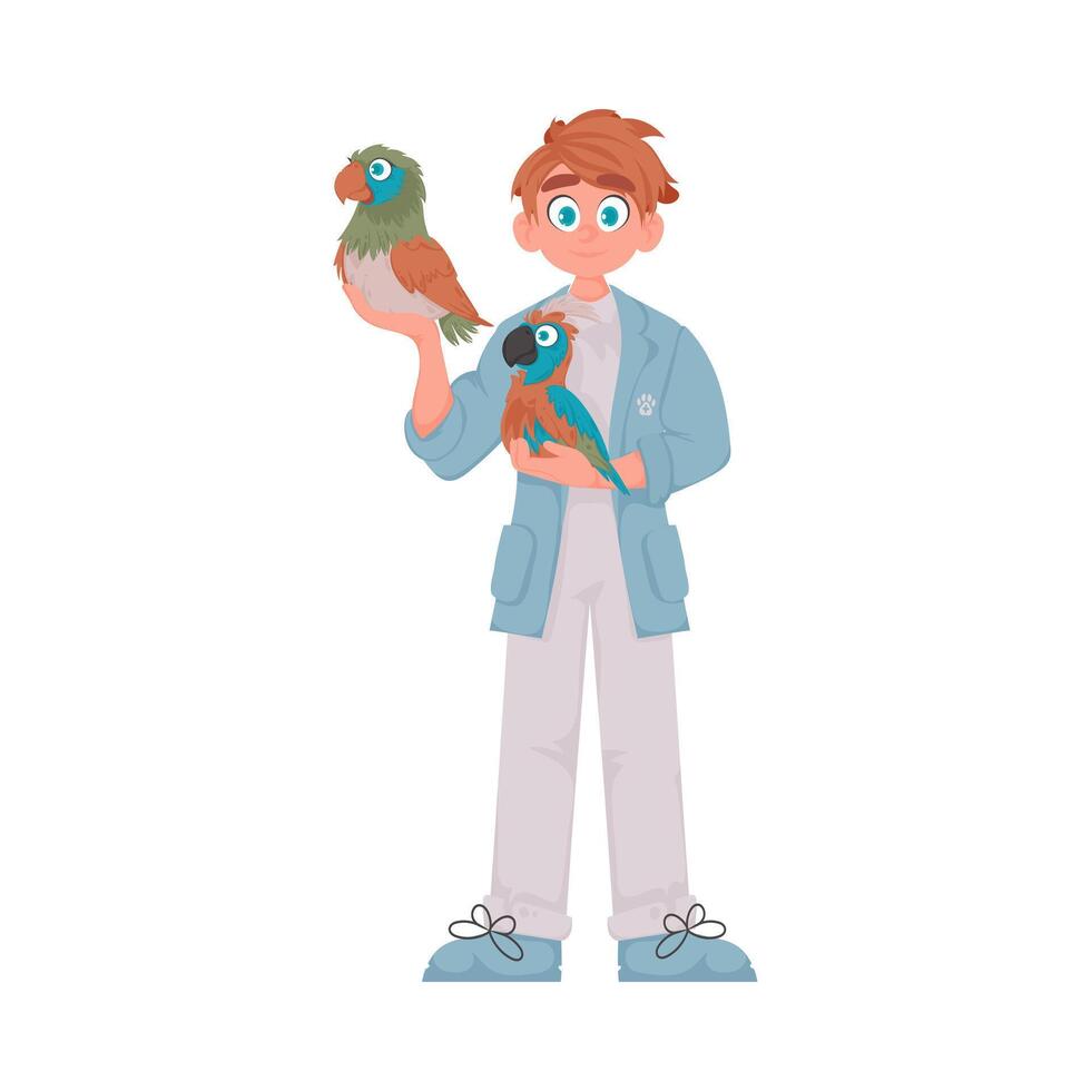 A happy man takes care of animals, including a big and very smart bird Vector Illustration