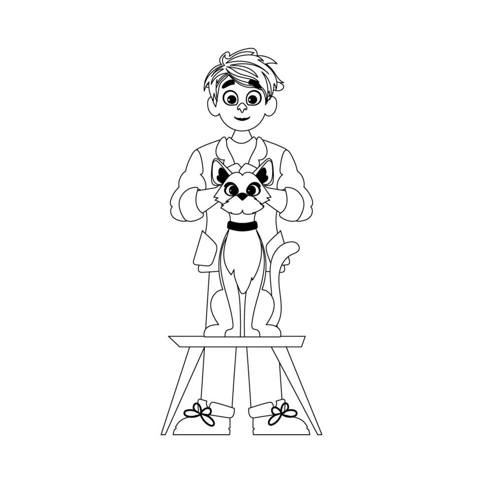 A boy with a cat on a stool coloring page vector