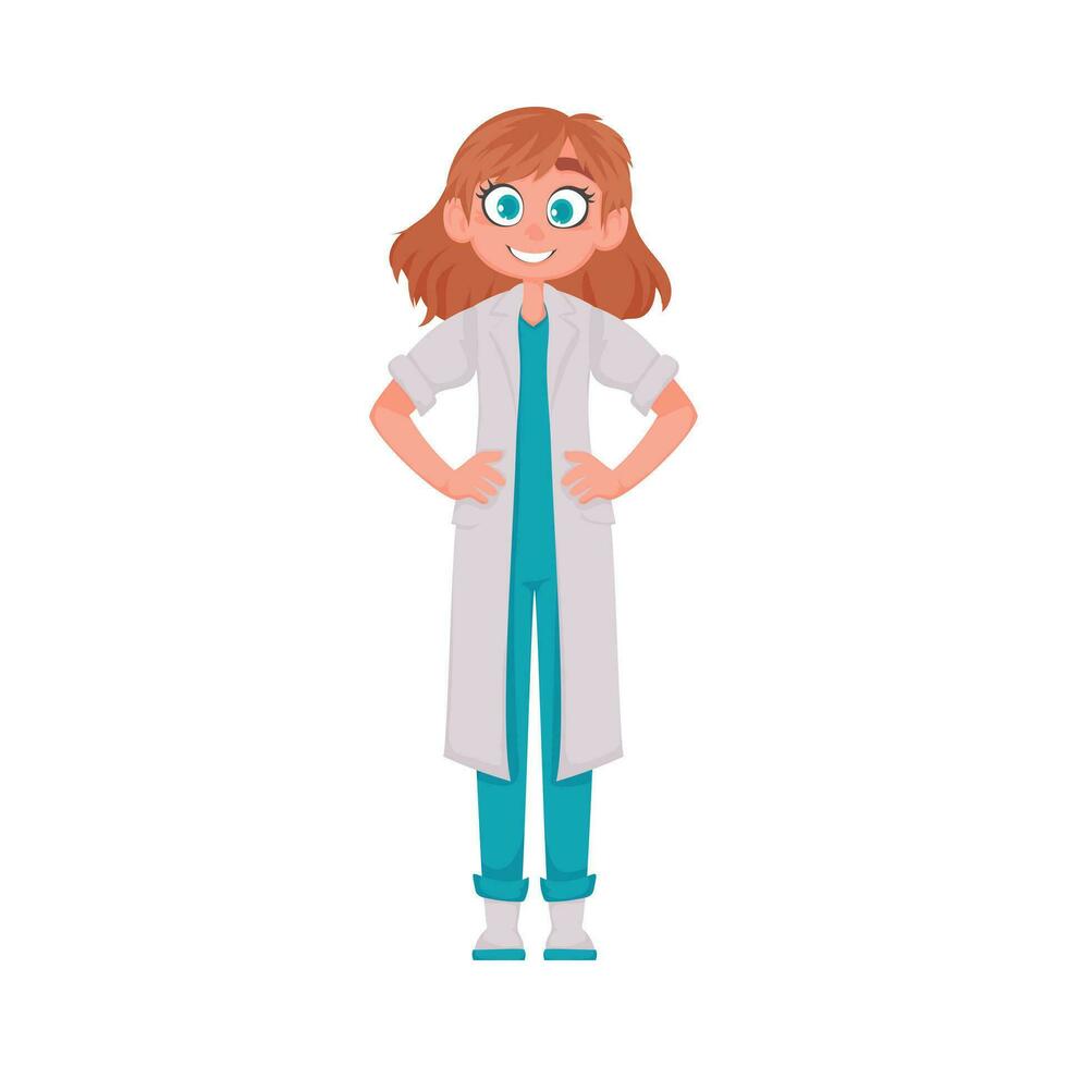 The female doctor looks funny and pretty when she wears her special clothes Vector Illustration
