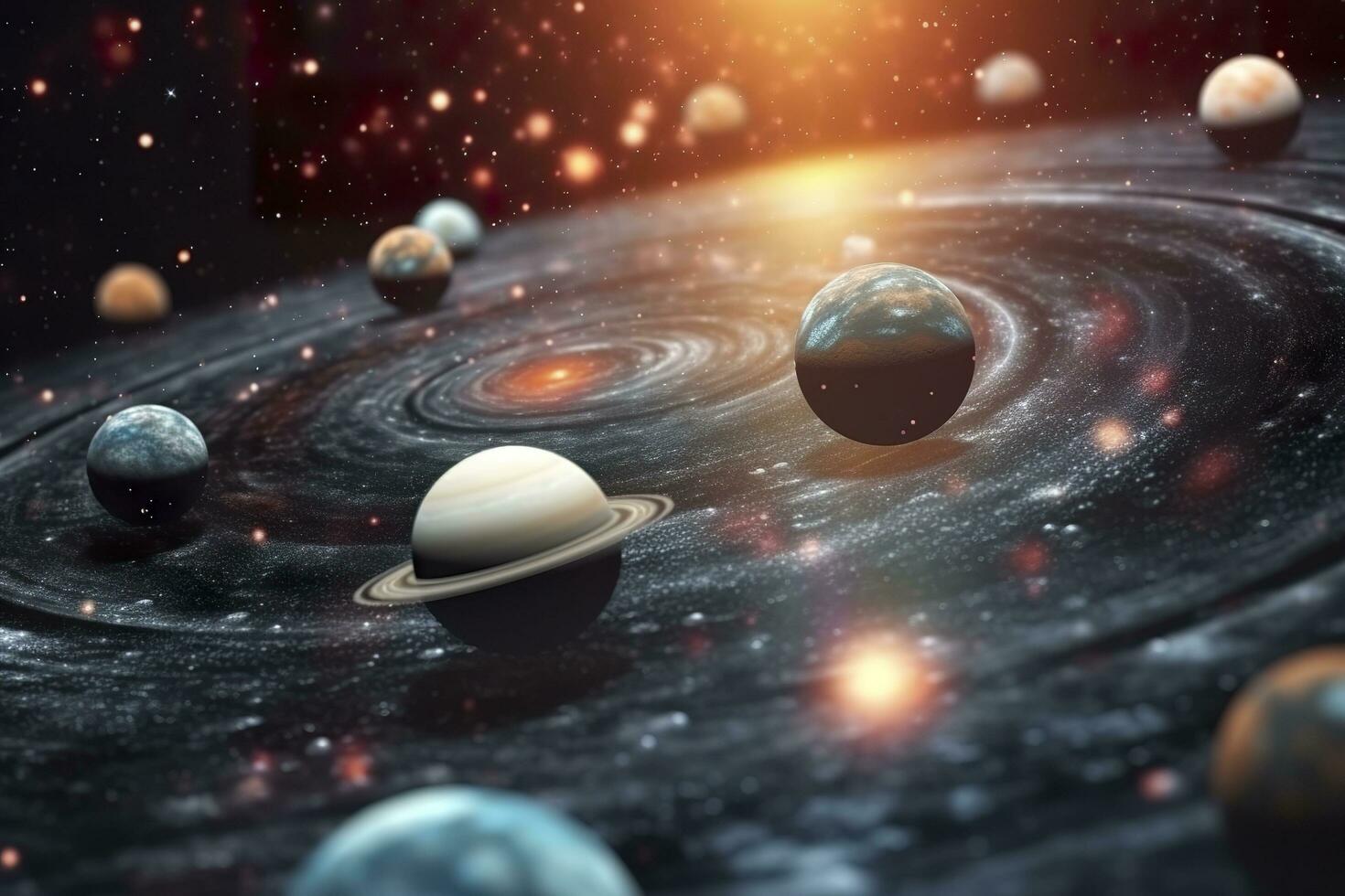 Our 3d Solar system with planets in orbits path. AI Generative photo