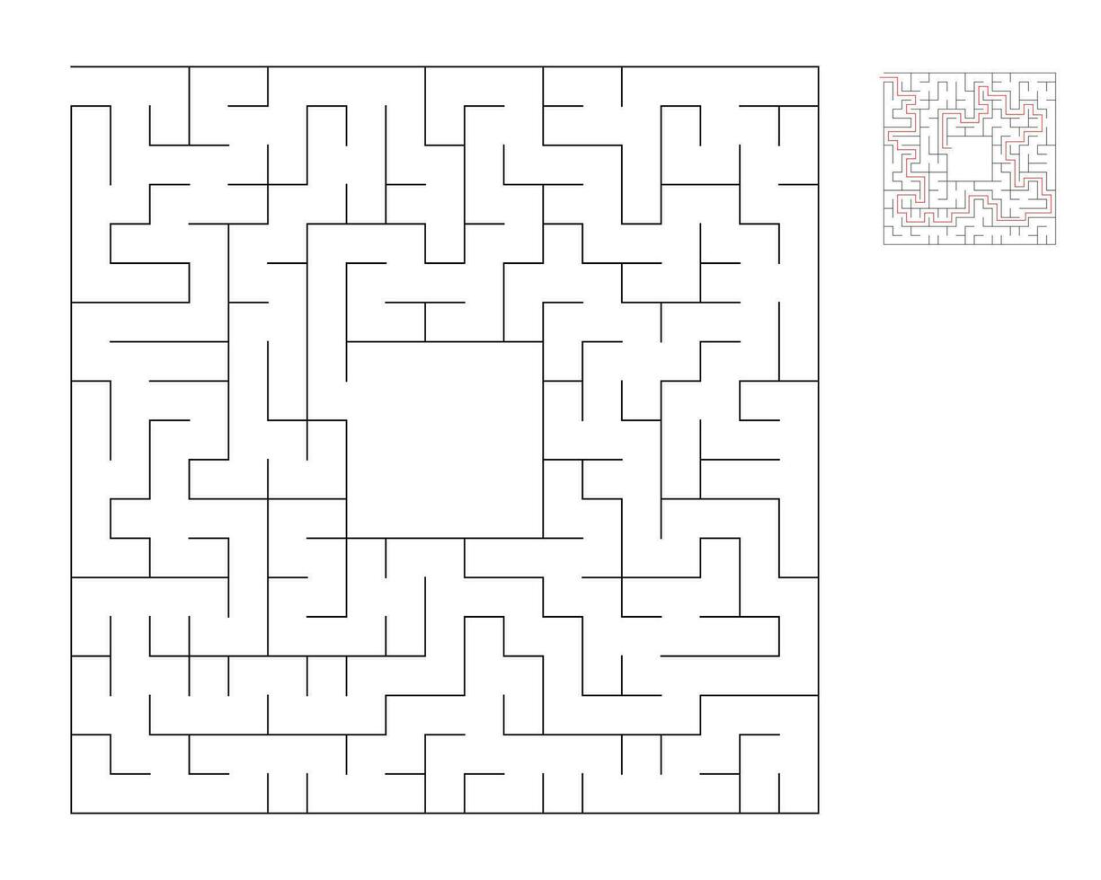 Square maze,  logic game with labyrinths.  maze game. A maze with answers vector
