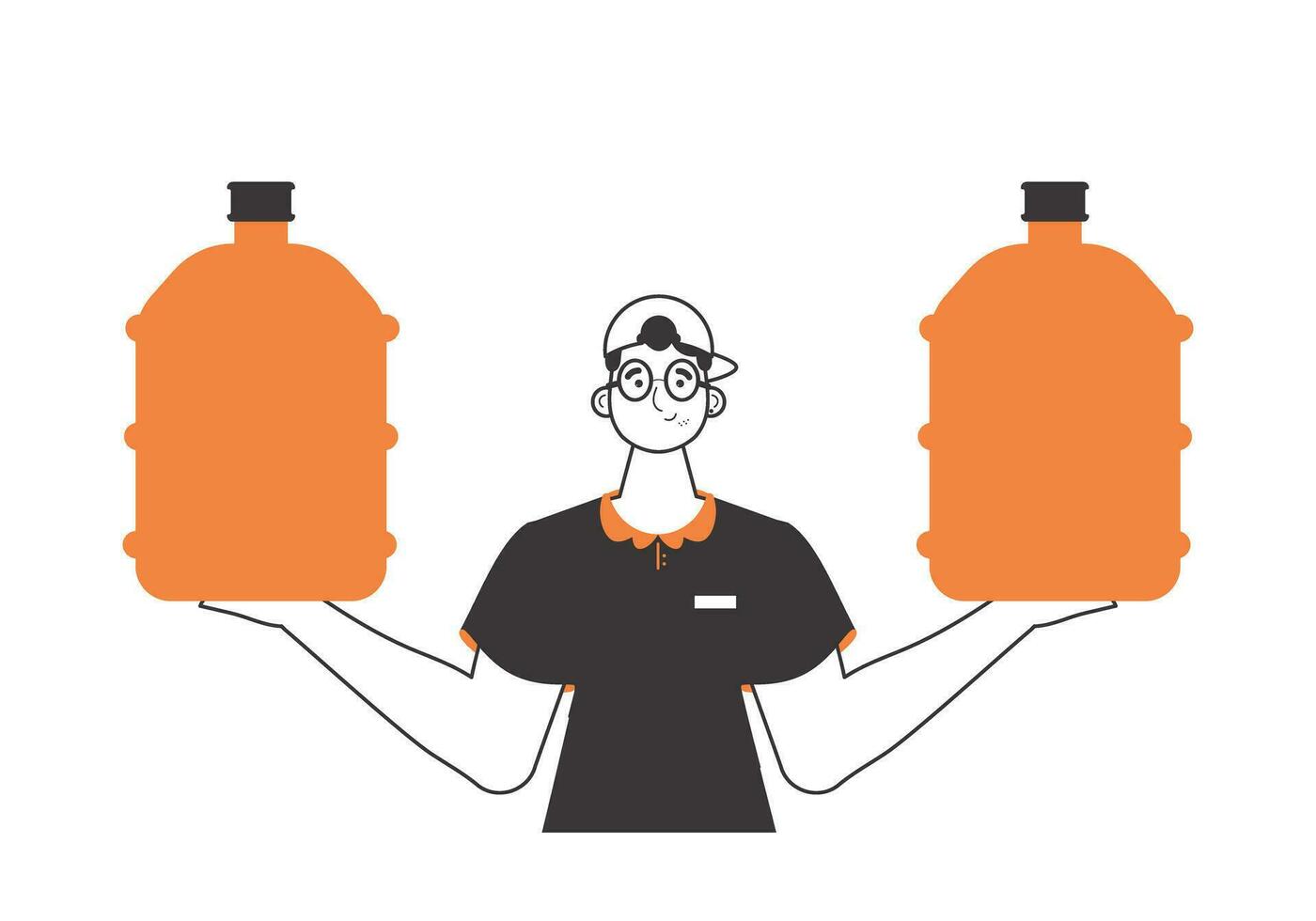 Water delivery concept. A man holds a bottle of water in his hands. Linear modern style. vector
