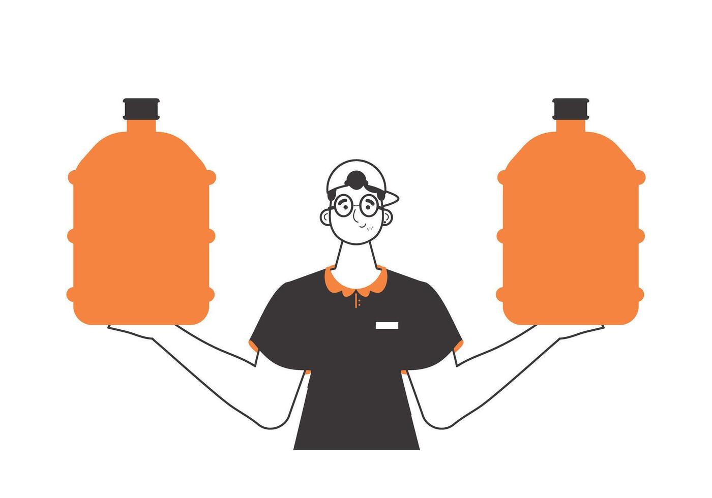 Water delivery concept. A man holds a bottle of water in his hands. Linear modern style. vector