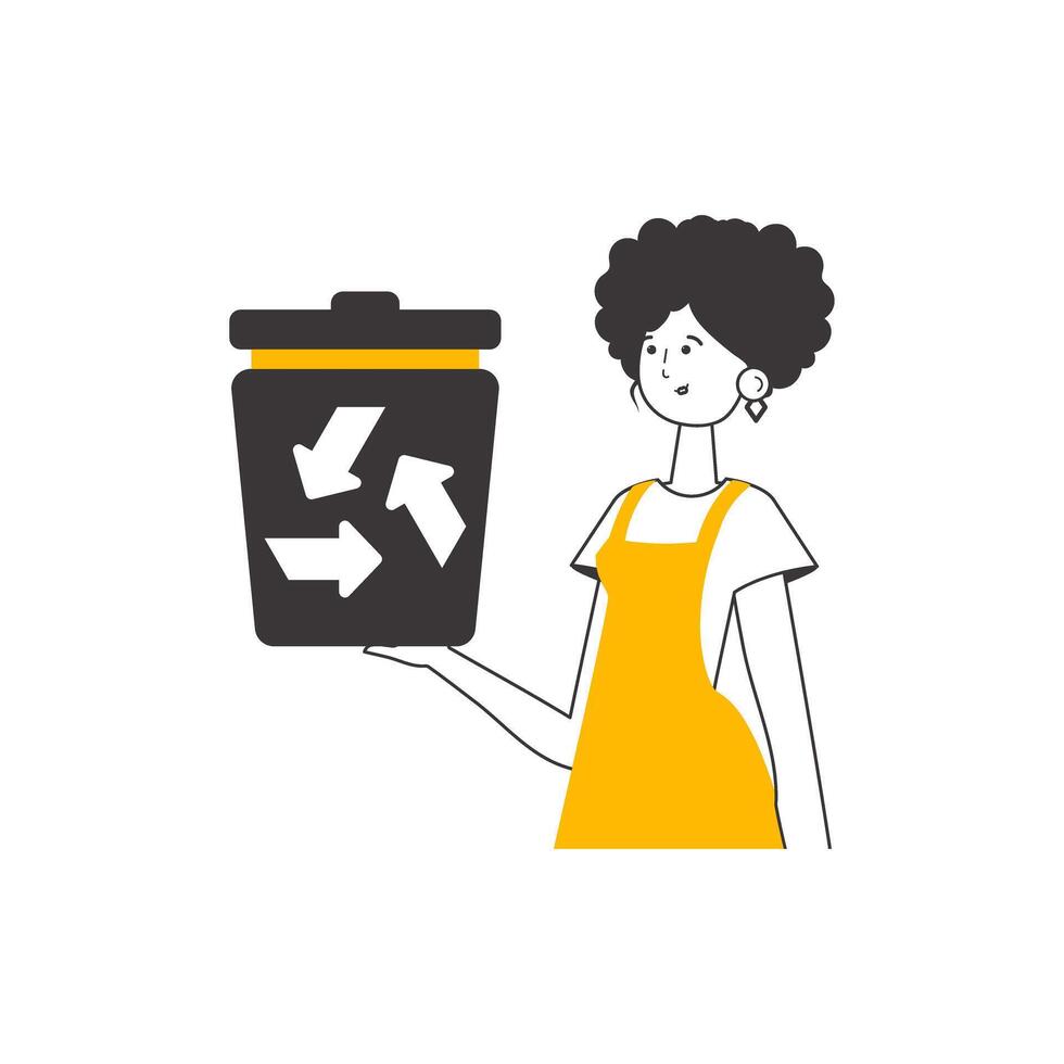 A woman is holding a trash can. The concept of recycling plastic and waste. Linear style. Isolated on white background. illustration. vector