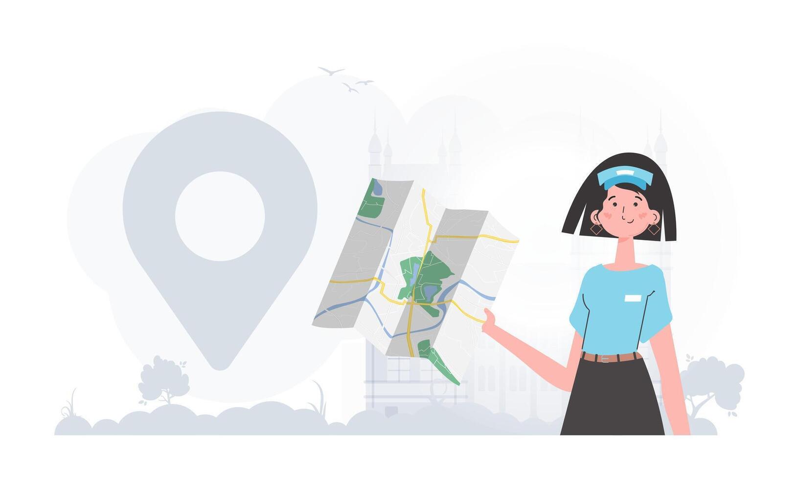 The girl is holding a map. The character is depicted to the waist. Vector illustration.