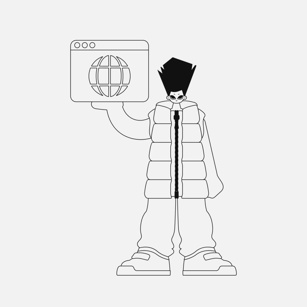 An inspirational man is holding a browser window. Linear style character. vector