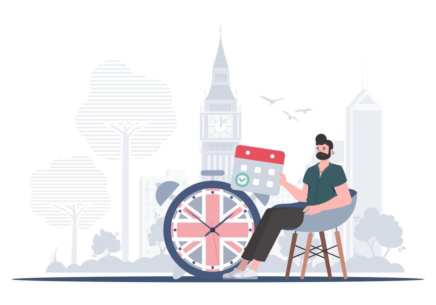 The concept of learning English. A man, a calendar with a marked date and a clock. Trendy flat style. . vector