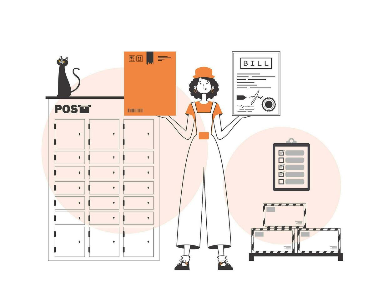 A woman holds a parcel and a check in her hands. Parcel delivery concept. Linear modern style. vector