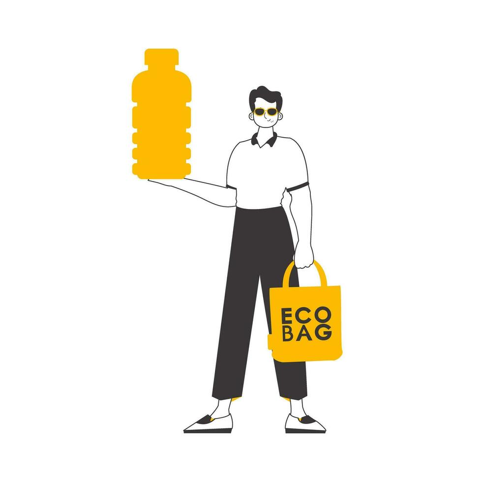 A man holds in his hands an eco bag and a bottle made of biodegradable plastic. The concept of ecological products. Linear style. vector