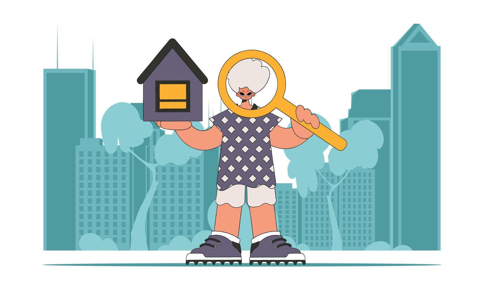 The concept of home ownership. Real estate realtor guy holding a house in his hands. vector