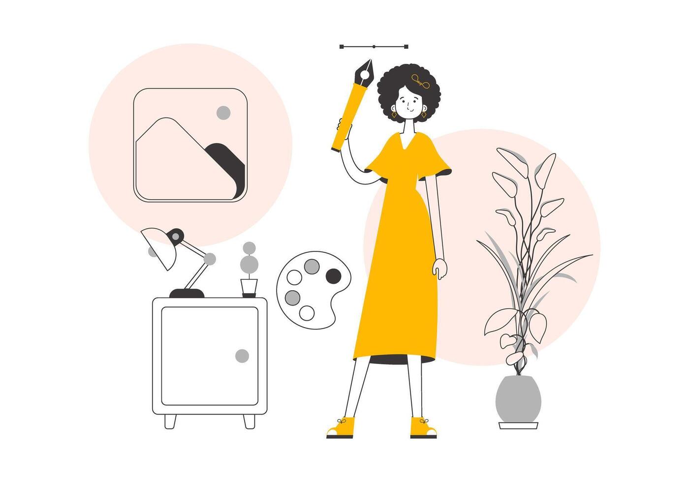 The girl designer holds a pen tool for 2D graphics in her hand. Lines modern style. illustration. vector