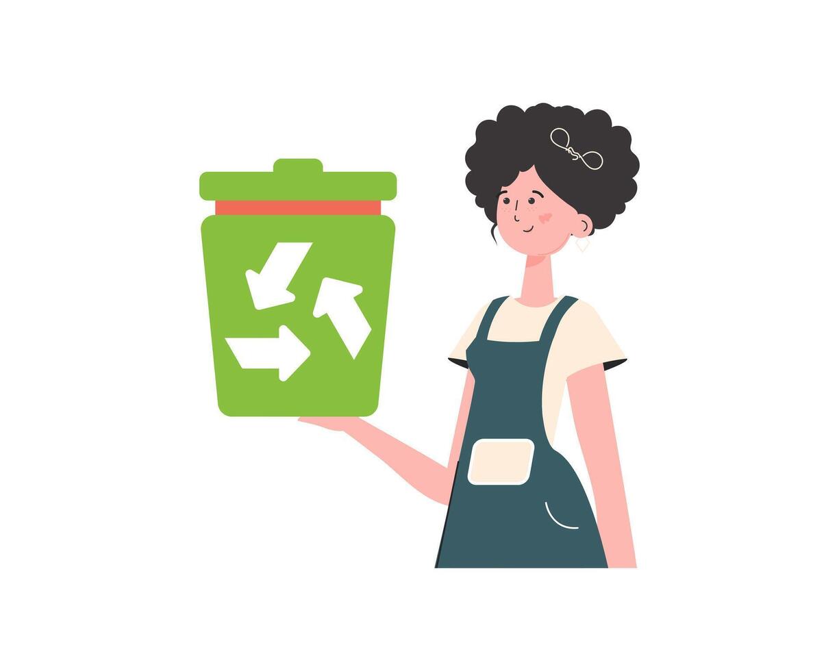 The girl is depicted waist-deep and holding a trash can in her hand. The concept of recycling and zero waste. Isolated on white background. illustration Flat trendy style. vector