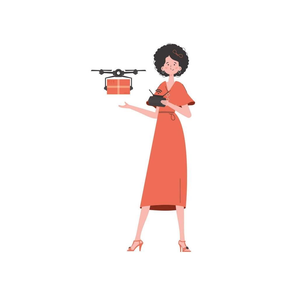 The concept of cargo delivery by air. A woman controls a drone with a parcel. Isolated. trendy style. Vector. vector