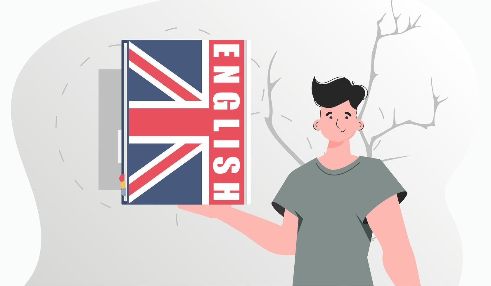 el concepto de aprendizaje inglés. un hombre sostiene un Inglés diccionario en su manos. de moda plano estilo. vector. vector