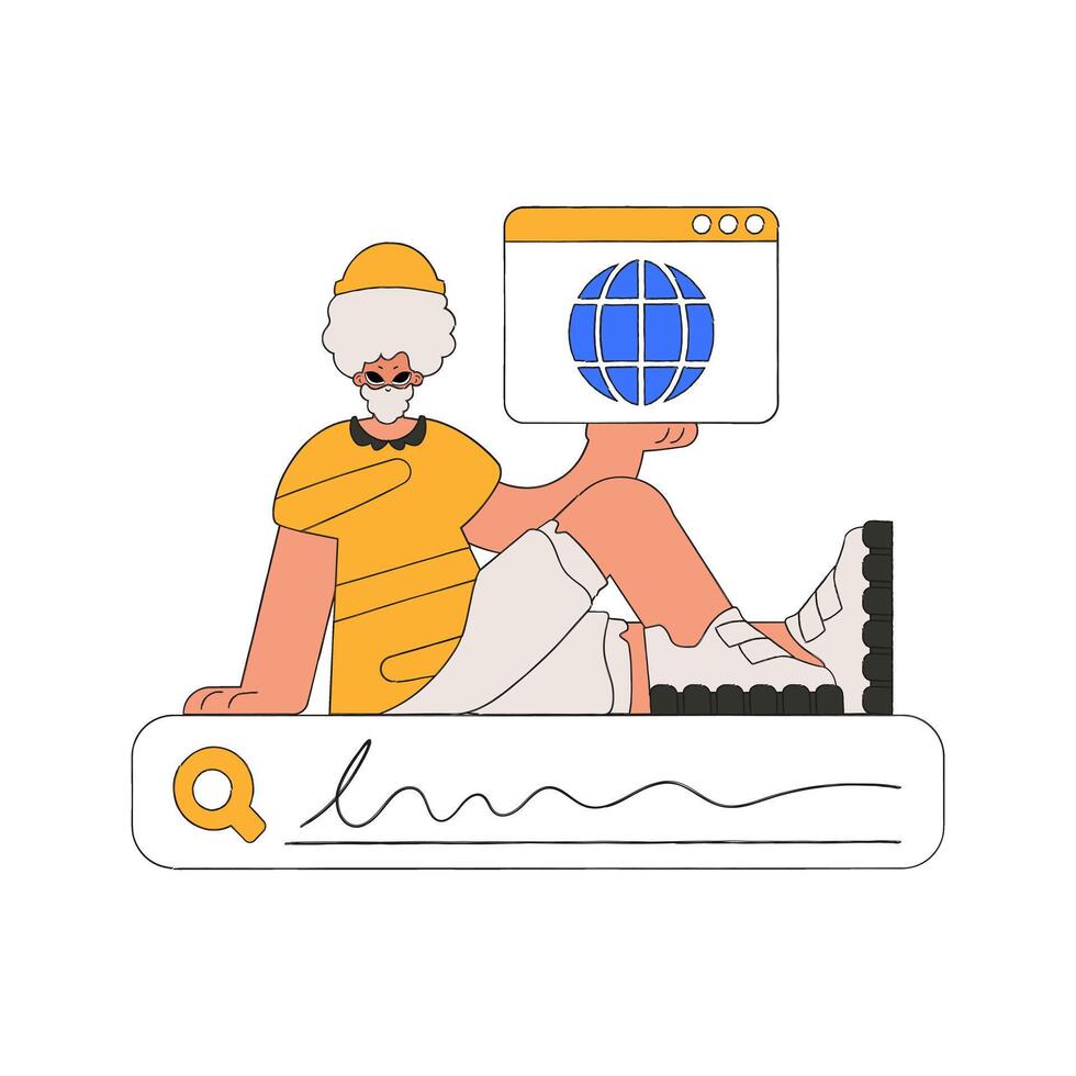 The guy sits on the search bar and holds a browser window in his hands. Search for information. Retro style character. vector