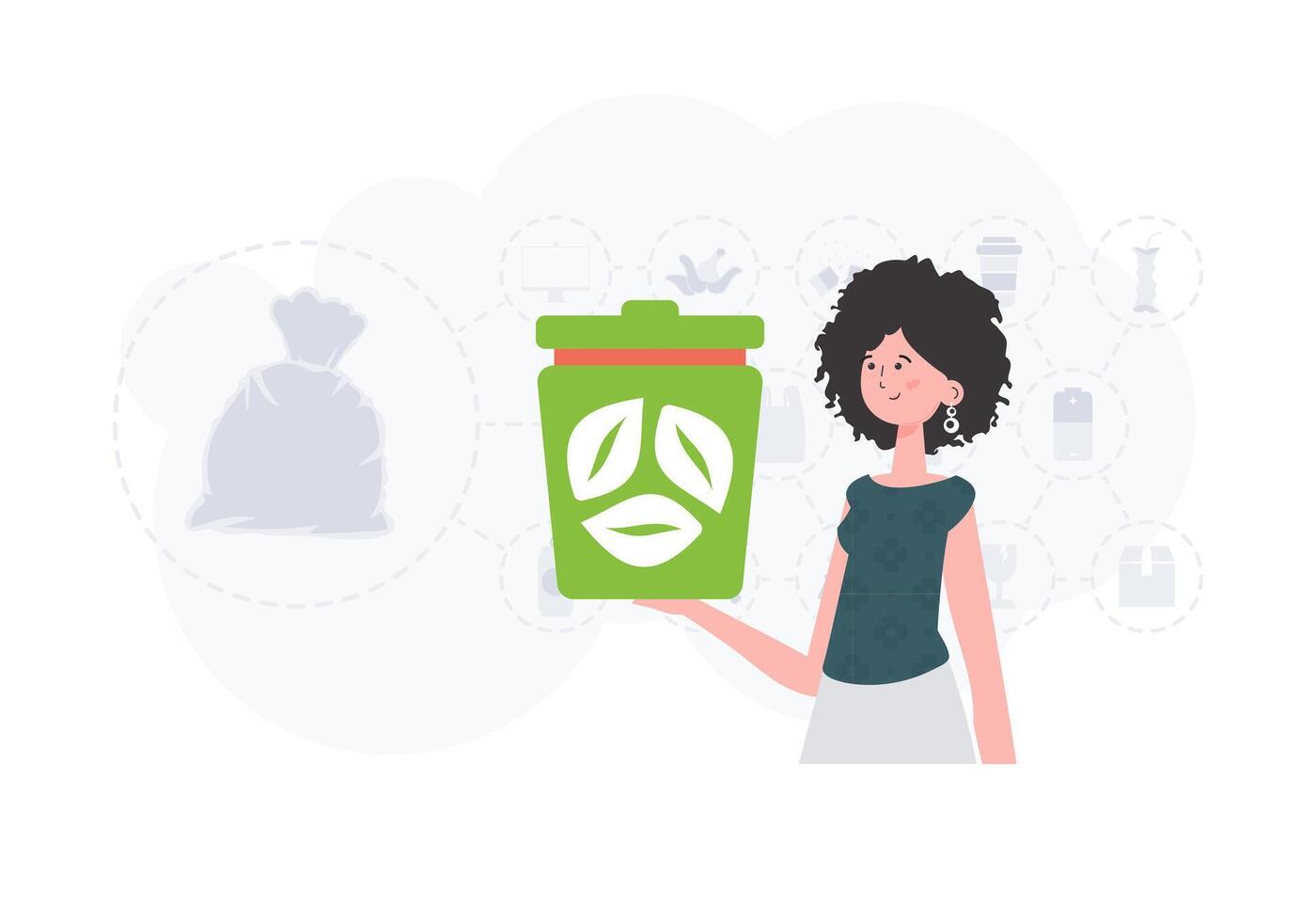 The concept of ecology and recycling. A woman holds a trash can in her hands. Trendy character style. Vetcor. vector