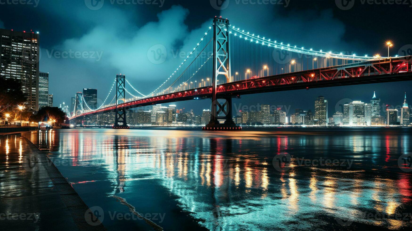 Luminous Reflections Nighttime Glow of a Famous Bridge, Generative AI photo