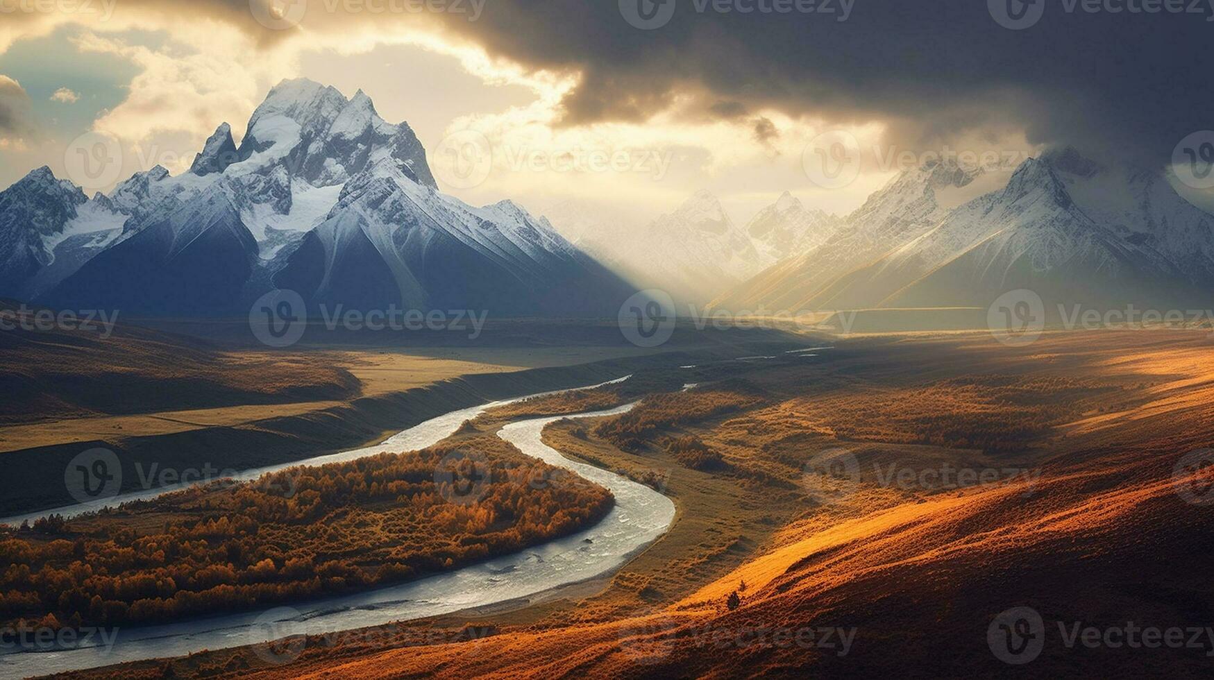 Generative AI, Majestic Mountains the grandeur of towering mountain ranges. photo