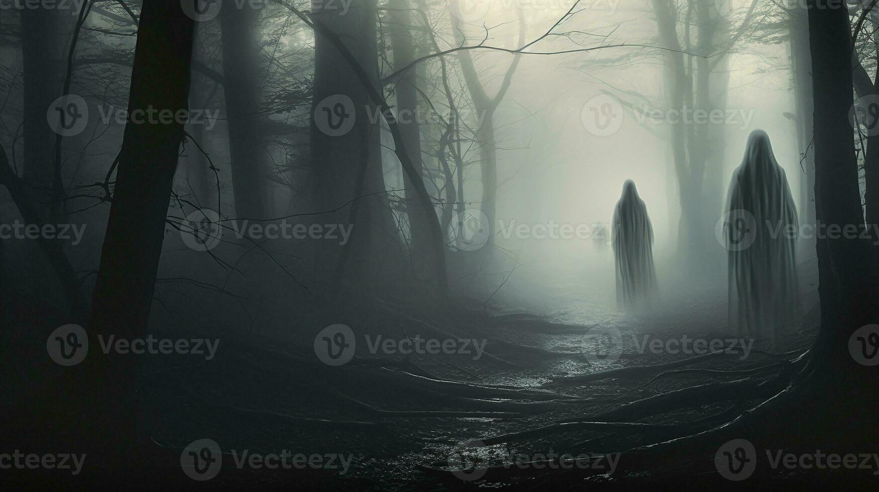 Ethereal Journey Ghostly Figures in the Misty Forest, AI Generative photo