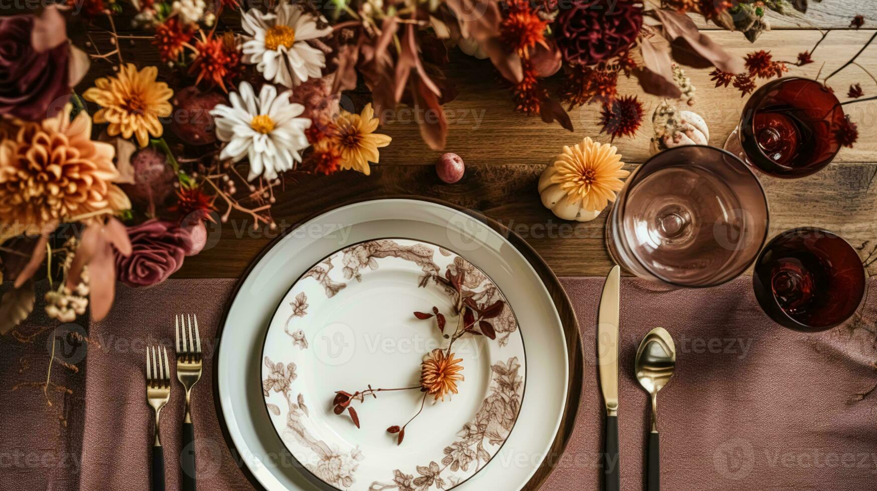 Autumn holiday tablescape, formal dinner table setting, table scape with elegant autumnal floral decor for wedding party and event decoration photo