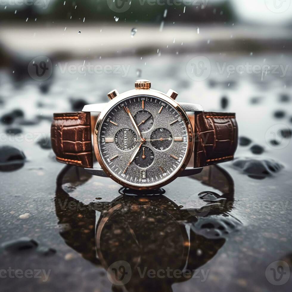 Waterproof luxury mens watch on the stone under the rain, commercial concept, bespoke water resistant design, generative ai photo
