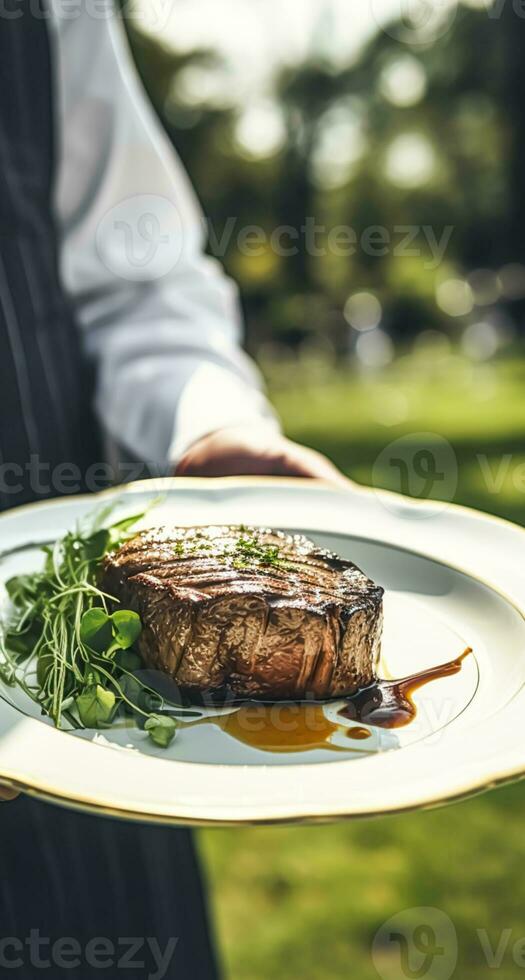 Steak served by a waiter at a luxury event outdoors, fine dining, post-processed, generative ai photo