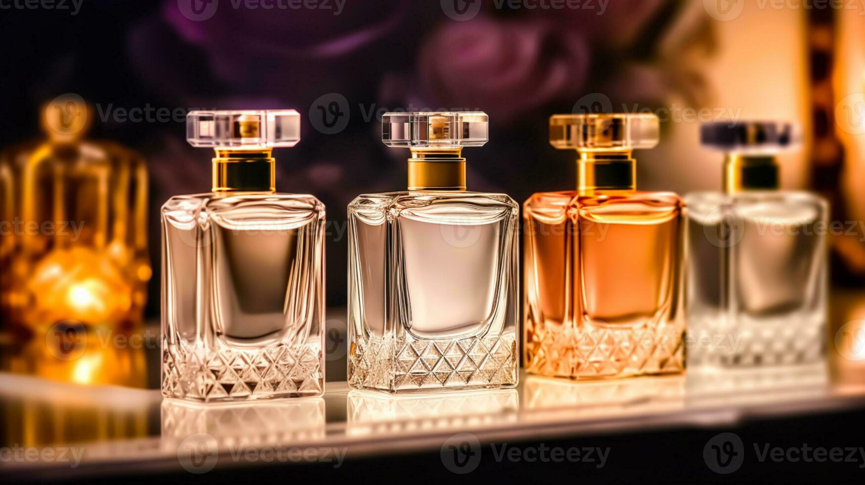 Luxury fragrance bottles at perfume scent at presentation event, bespoke perfumery and beauty product sale, generative ai photo