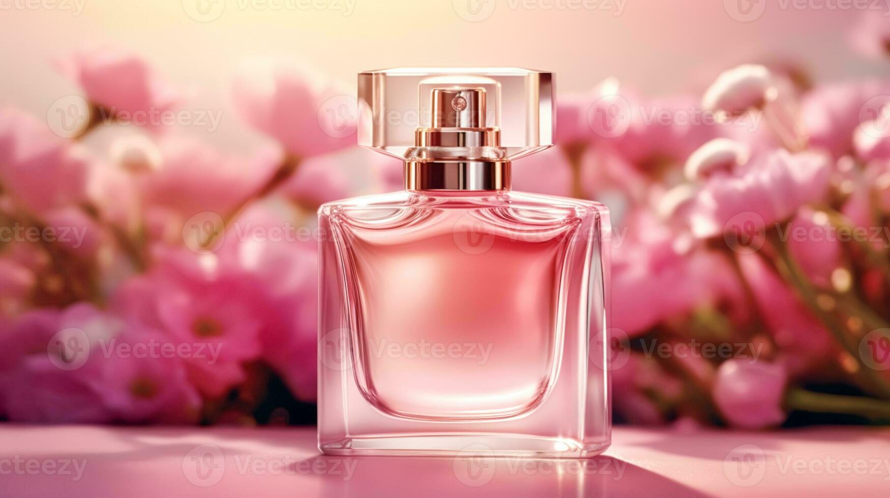 Luxurious floral scent, fragrance bottle and pink flowers, perfume commercial in flower garden, bespoke perfumery and beauty product sale, generative ai photo