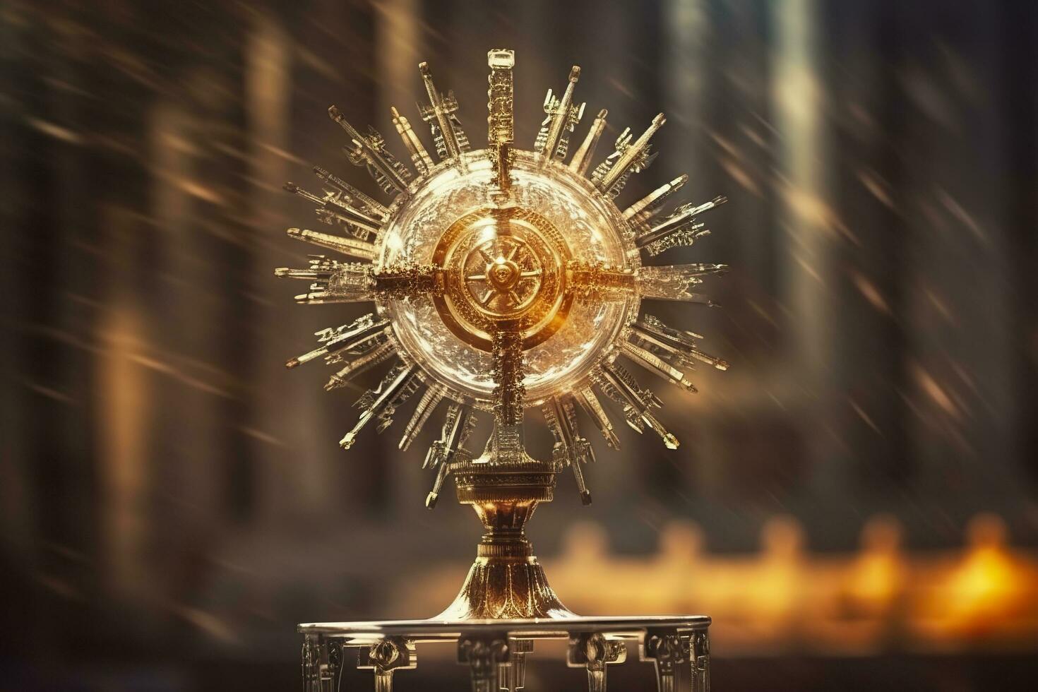 The golden monstrance with a little transparent crystal center, consecrated host. church defocused background. AI Generative photo